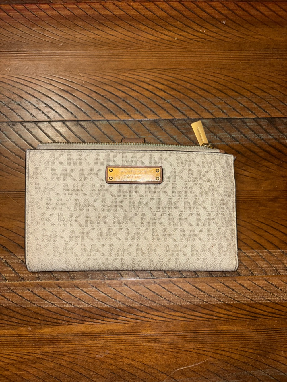 Michael Kors Cream Logo Zip Wallet with Gold Plaque